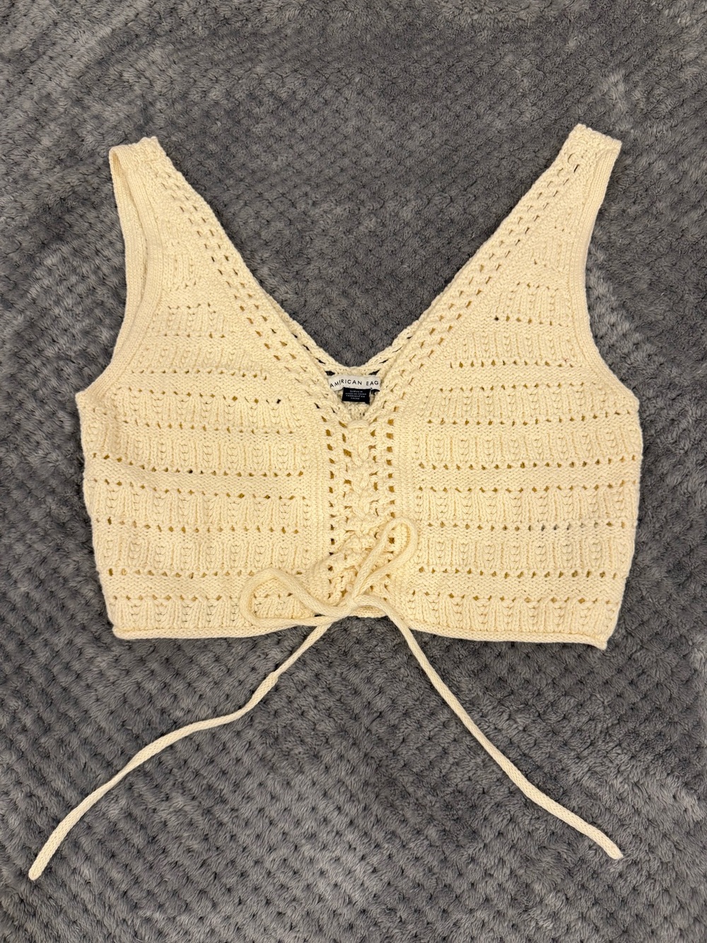 American Eagle Outfitters Cream Crochet Tie-Front Knit Crop Top